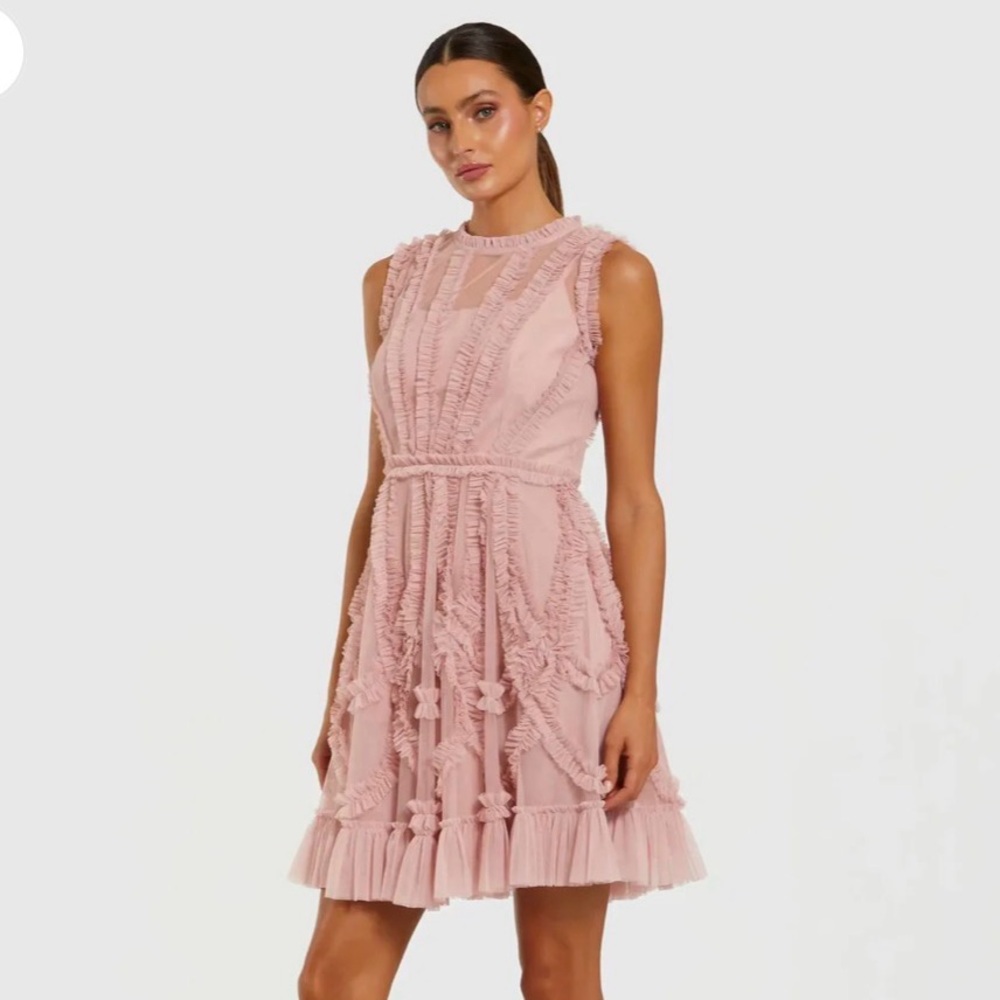 Mac Duggal Size 8 Ruffle High Neck Mini Dress